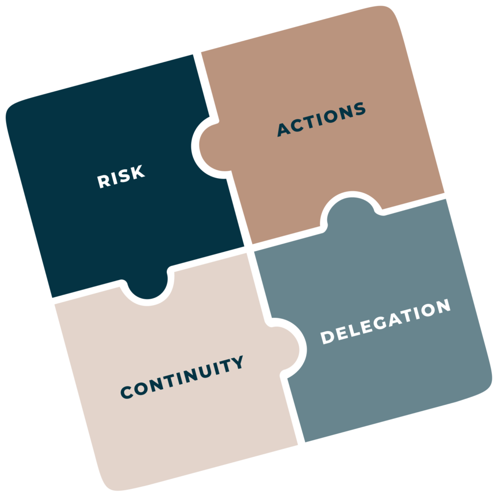Four-piece puzzle labeled risk, actions, continuity, and delegation.