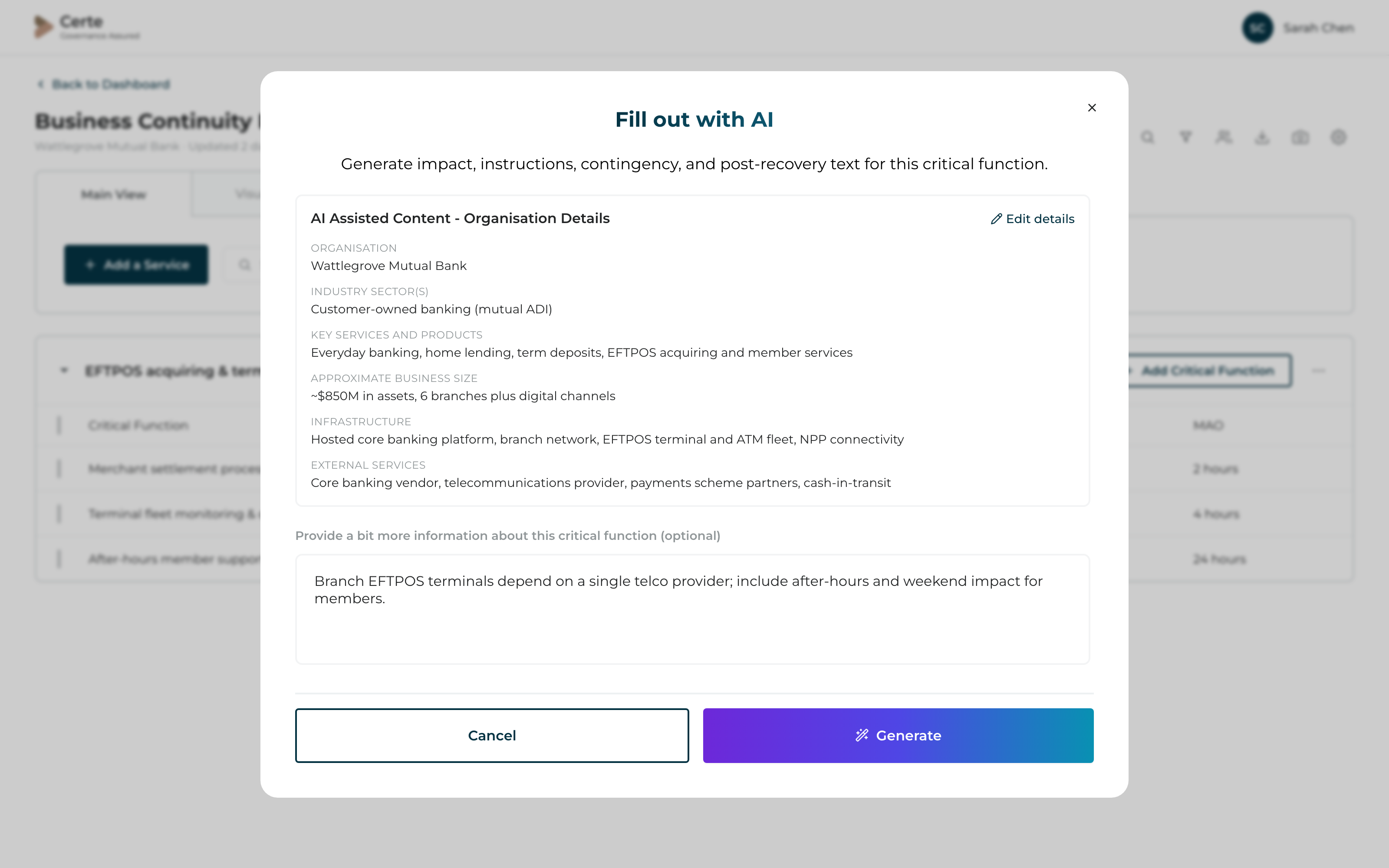 Certe Fill out with AI modal — organisation profile the AI draws from, with Edit details and Generate