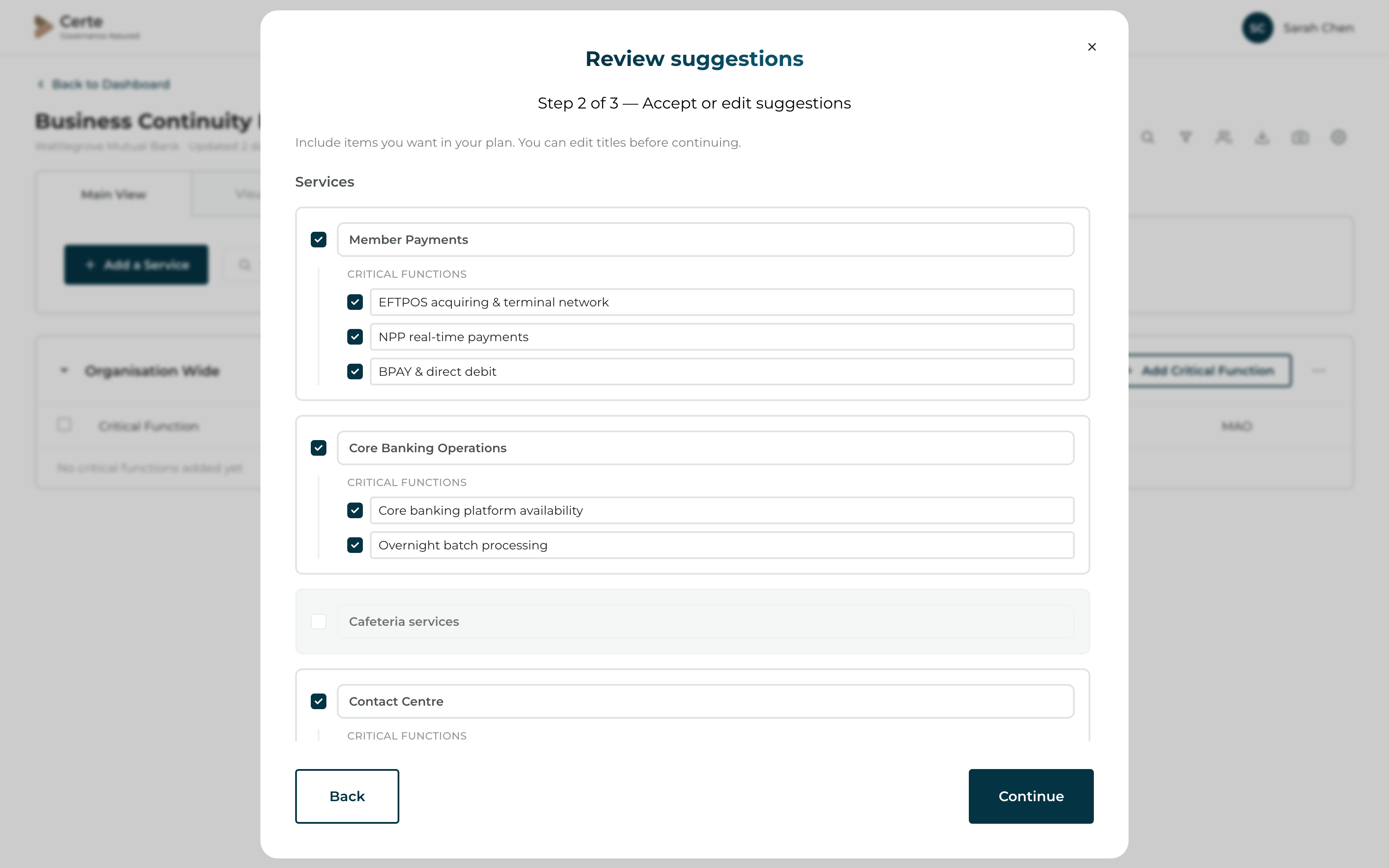 Certe Create with AI wizard — step 2, accept or edit suggestions with include/exclude checkboxes