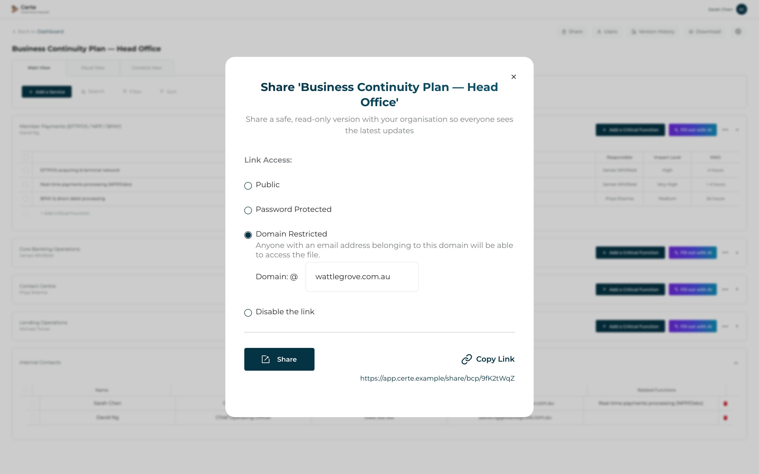 Certe share modal crop — domain-restricted read-only guest access