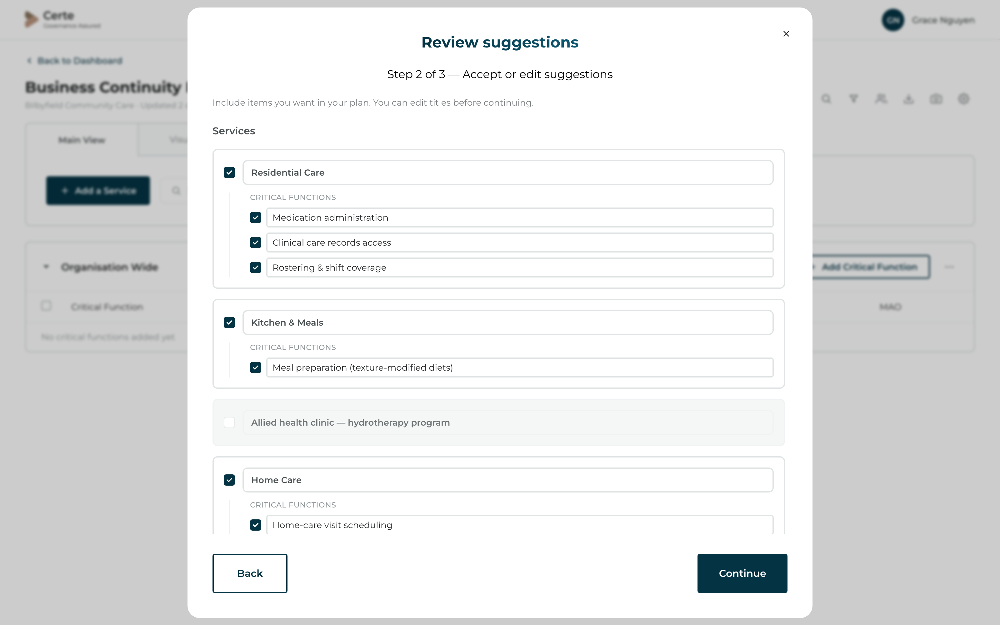 Certe Create with AI wizard — review suggestions step with include/exclude checkboxes