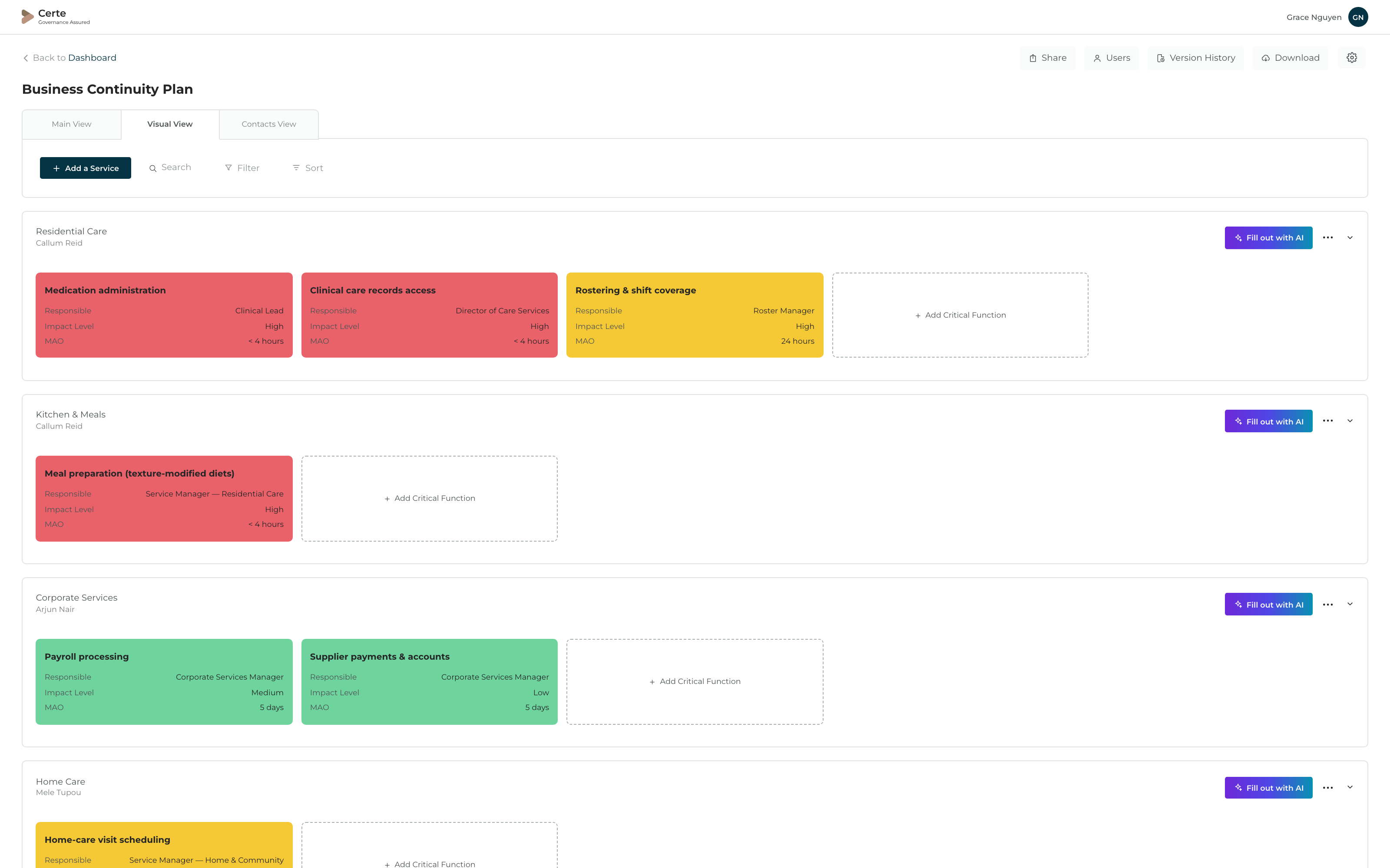 Certe continuity visual view — colour-coded critical function cards with responsible person, impact level and MAO