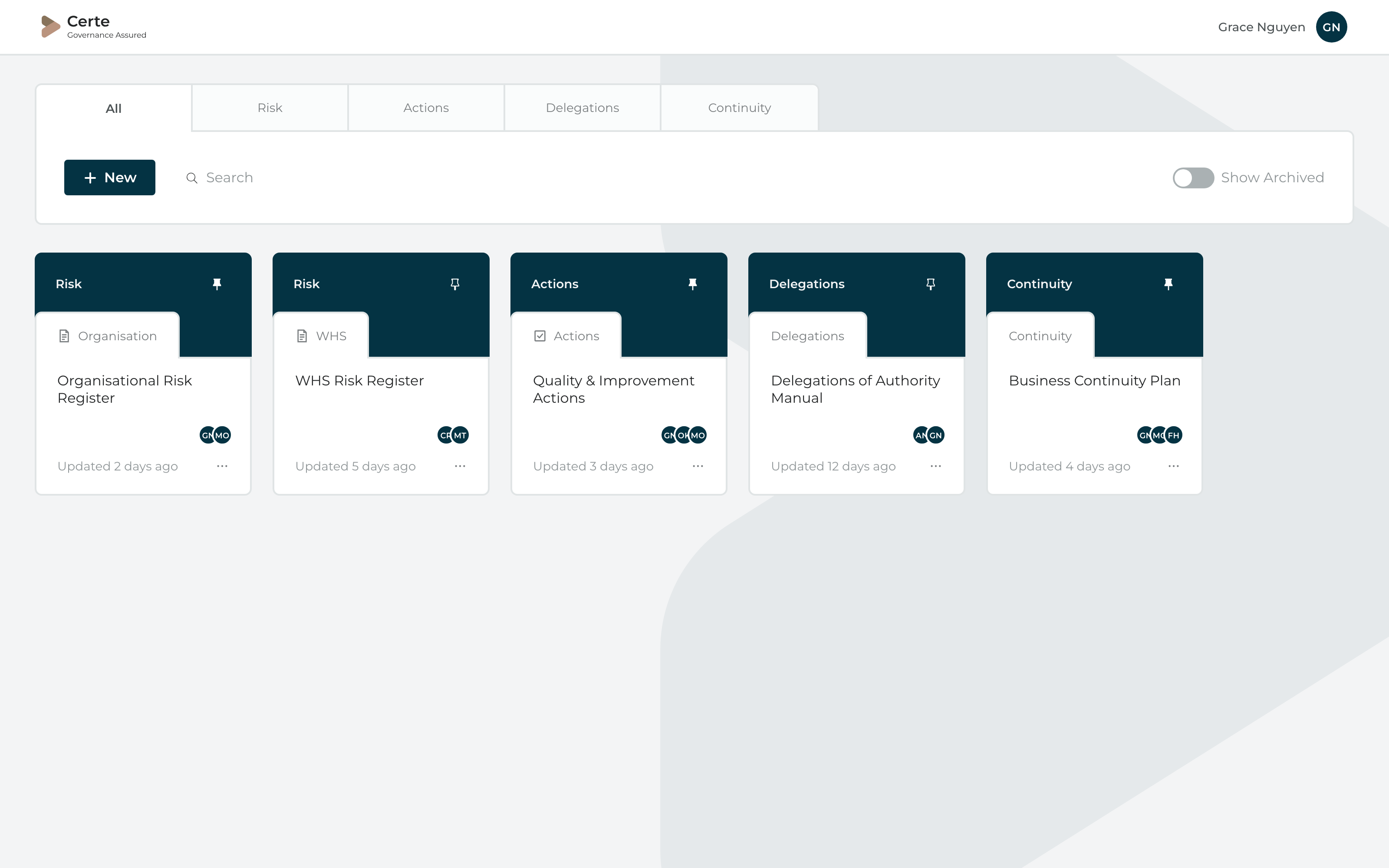 Certe dashboard tab strip crop — four document types on one home screen
