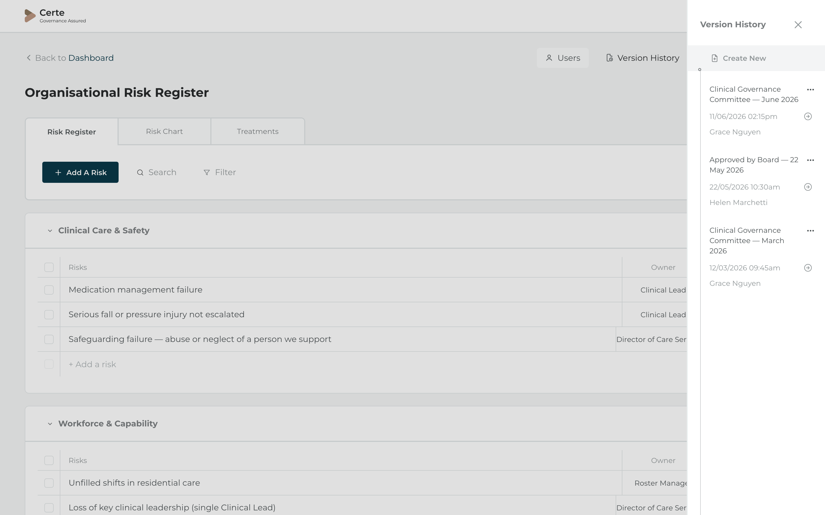 Certe snapshots — named point-in-time versions with dates and saved-by attribution