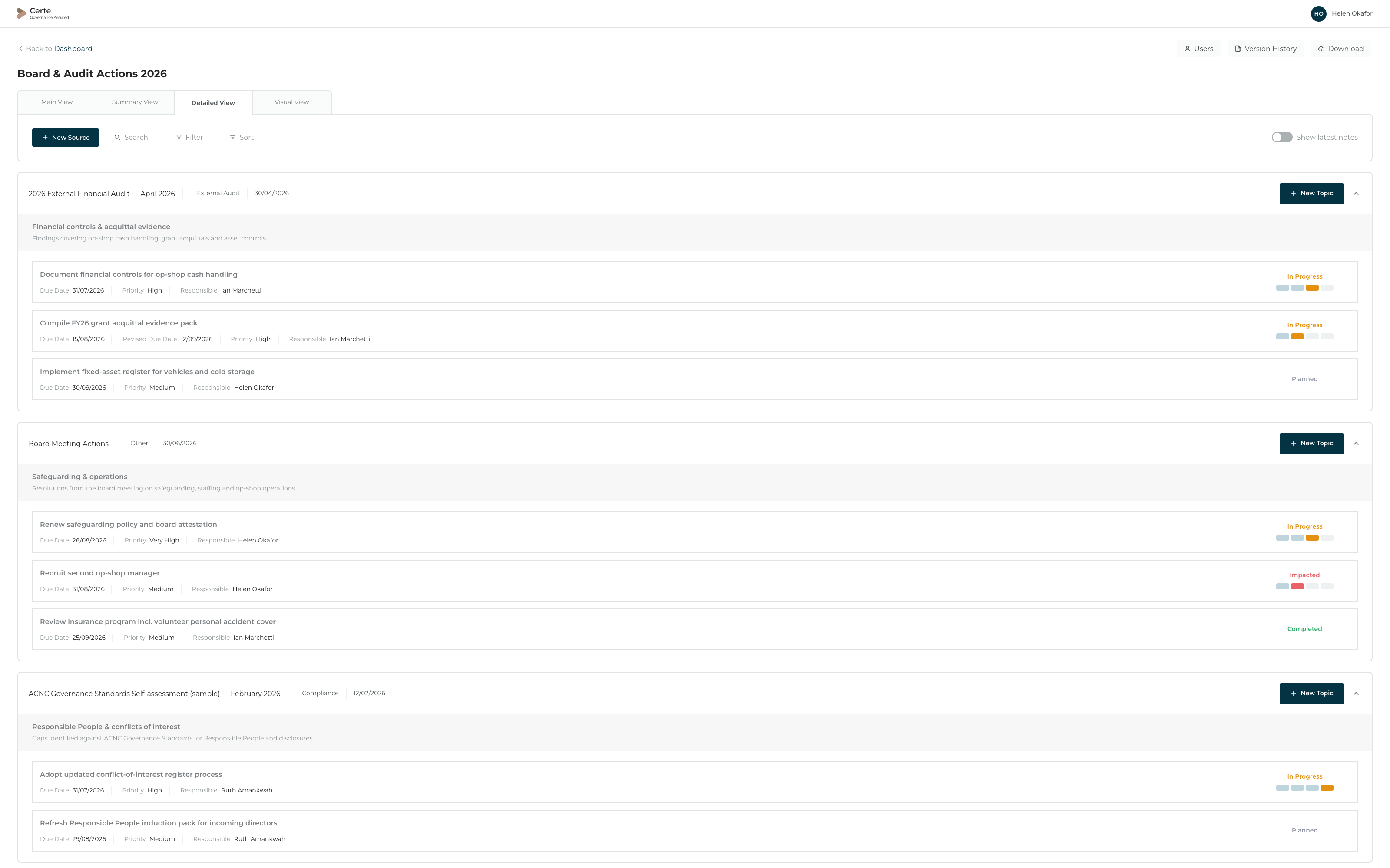 Certe actions crop — source group header with its first topic and action row: due date, priority and responsible