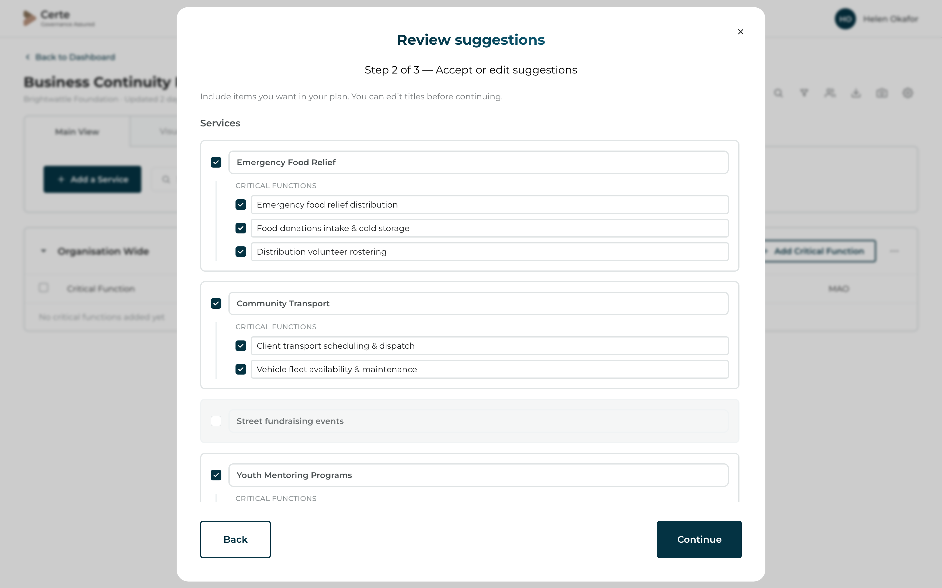 Certe Create with AI wizard — step 2 of 3, accept or edit suggestions with include/exclude checkboxes