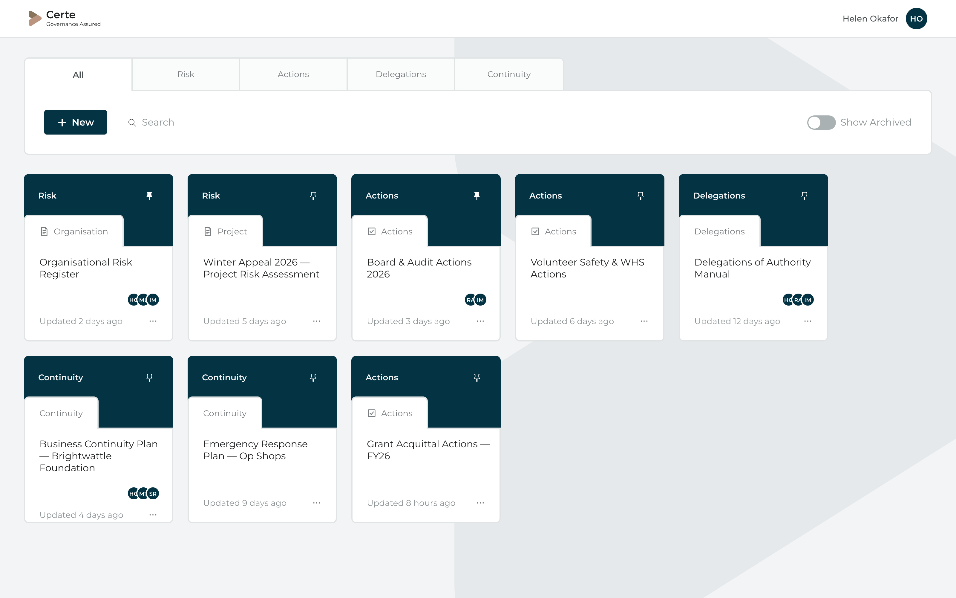 Certe dashboard crop — document-type tab strip and the first document tiles