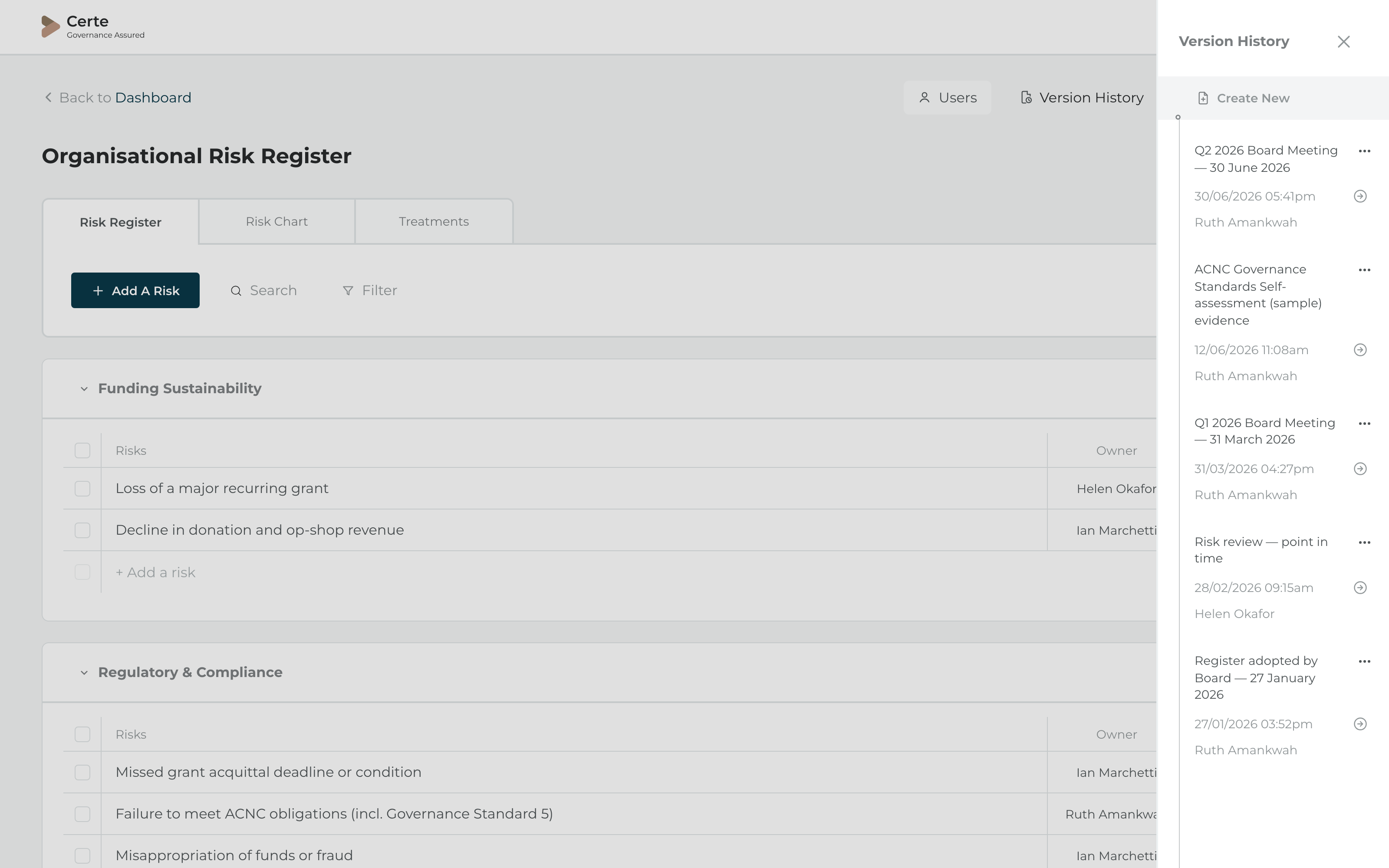 Certe version history crop — a named board-meeting snapshot with date and saved-by attribution