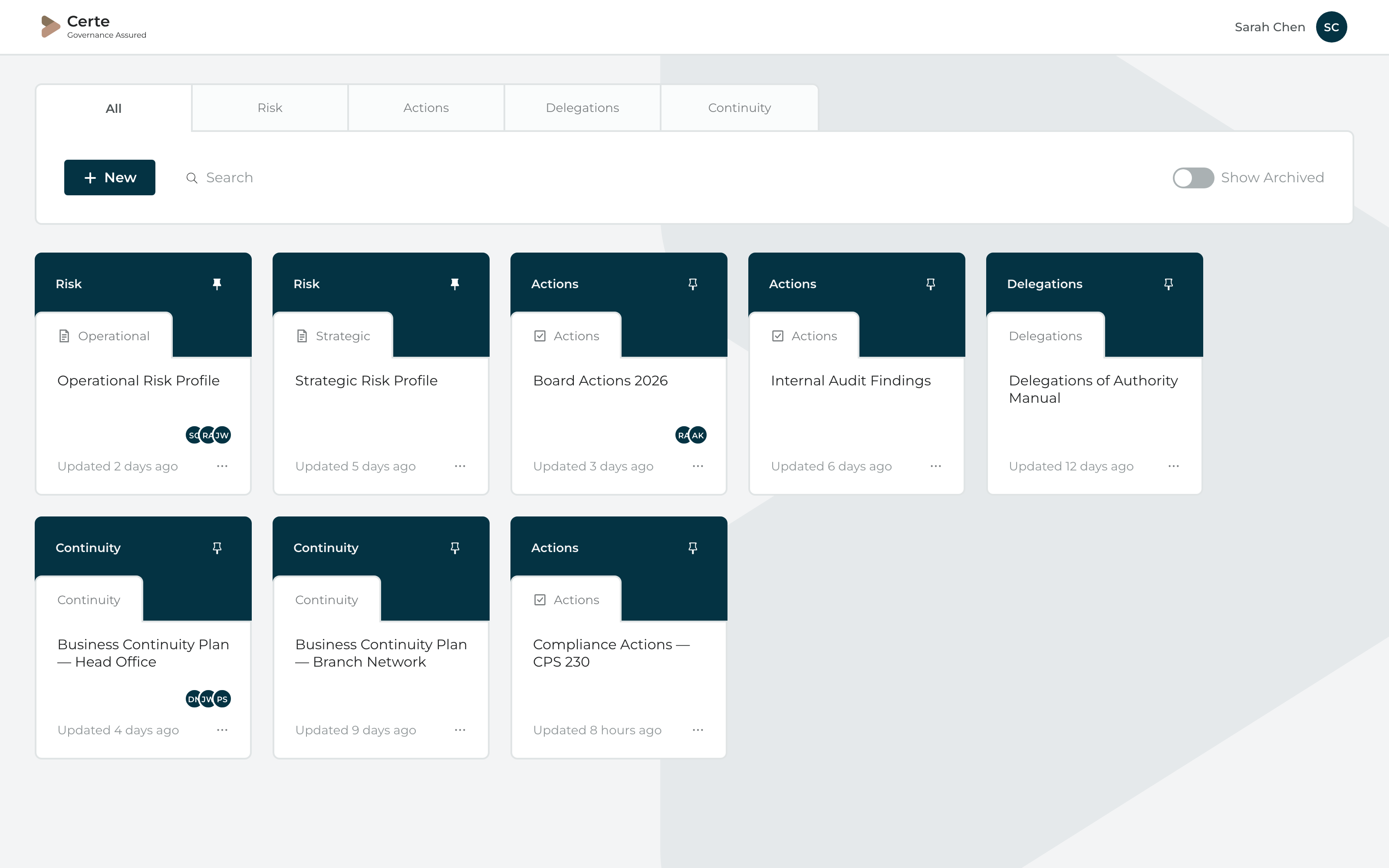 Certe dashboard tab strip crop — all four document types