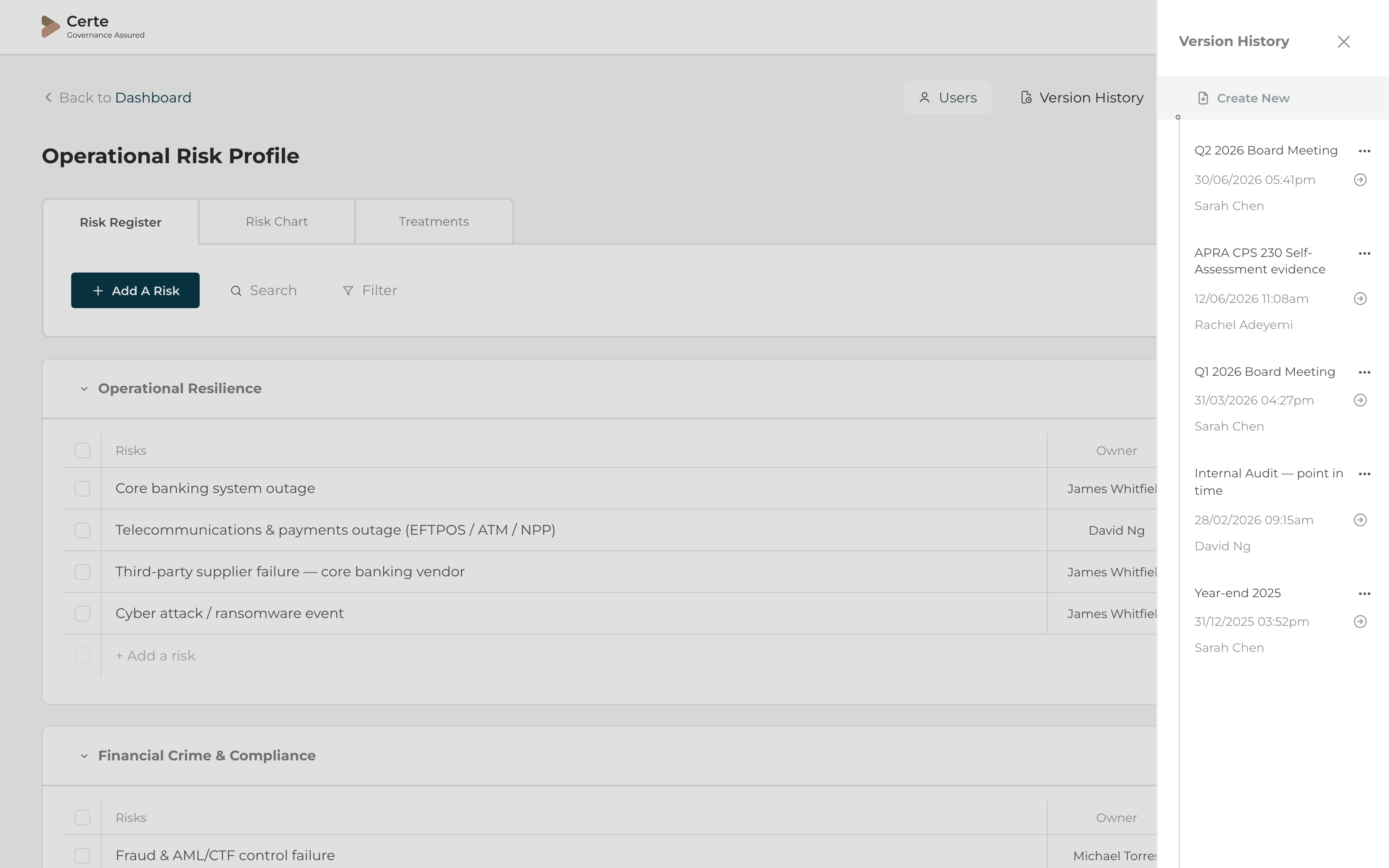 Certe snapshots — named point-in-time versions with saved-by attribution and dates